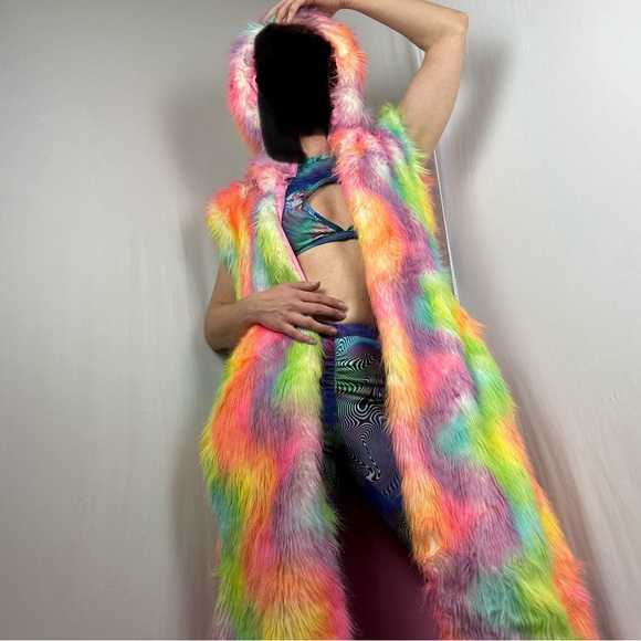 LONG Fur LED Glowing Light Up Coat Burning Man Rave Festival Rainbow Pastel EDC - Picture 10 of 16